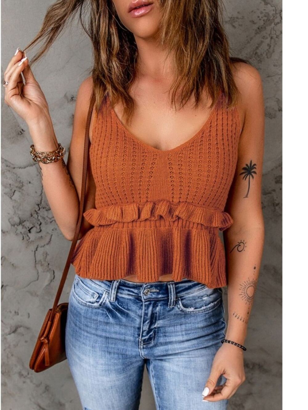 SweatyRocks Orange Peplum Tank Small Knit